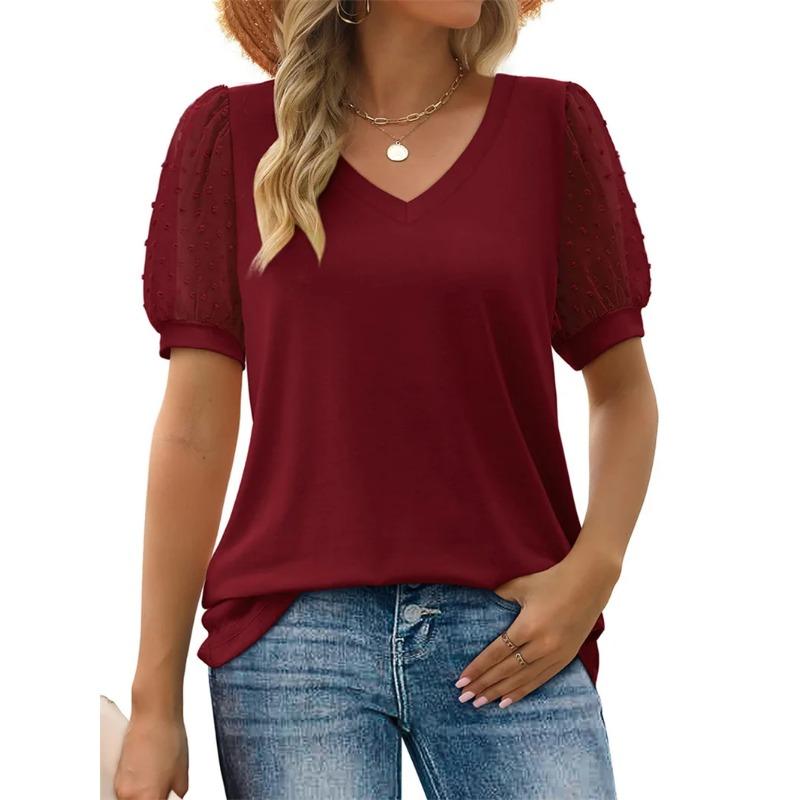 Elegant Jacquard Splicing Lace Short Sleeve Women T-Shirt Summer V Neck Casual Loose Tees Female Comfortable Office Commuter Top