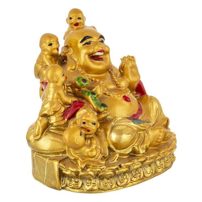 Laughing Buddha with 5 Children Idol Statue Showpiece Happiness and Money Wealth Sitting Idol for Home Decor Living Room