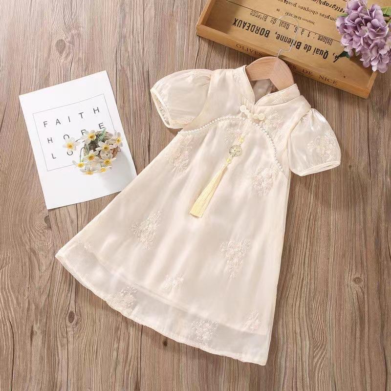 Girls Summer Thin Modified Cheongsam Dress Chinese Hanfu Mesh Princess Skirt Kids Elegant Traditional Party Gown