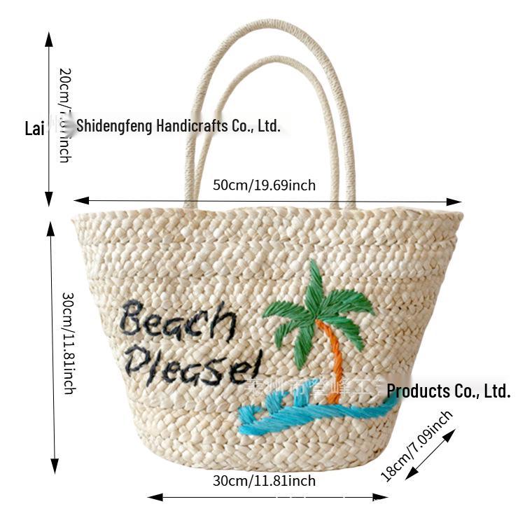 Large Capacity French Seaside Resort Style Lemon Embroidered Straw Beach Shoulder Bag