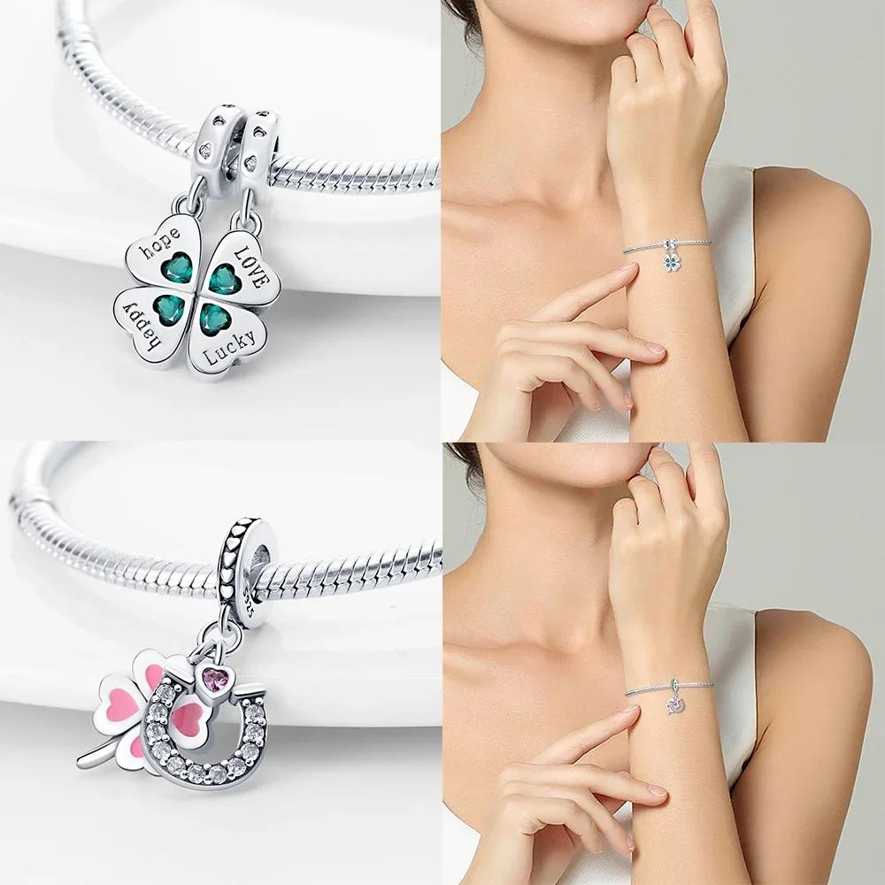 Authentic Green Fourleaf Shamrock Heart Star Shape Pink Ushaped Pendant Bead Charms Compatible With Bracelets copper Women Diy Fine Gift Accessory