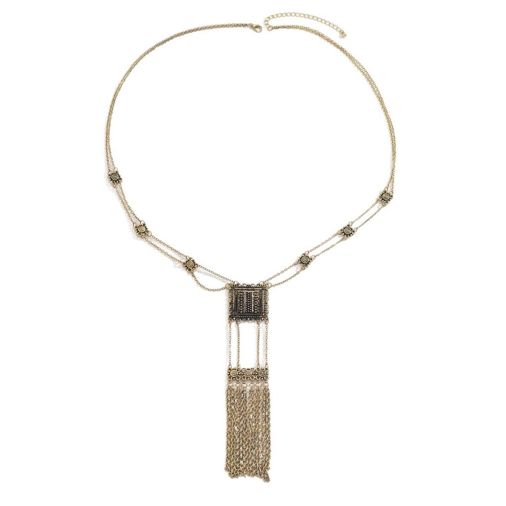 Bohemian Block Pendant Layered Chain Necklace for Women Tassel Long Sweater Chain Fashion Statement Collarbone Jewelry