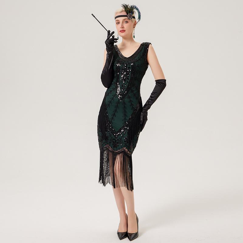 1920s Retro Sequin Tassel Plus Size Black Dress, V-Neck Party/Banquet Wear