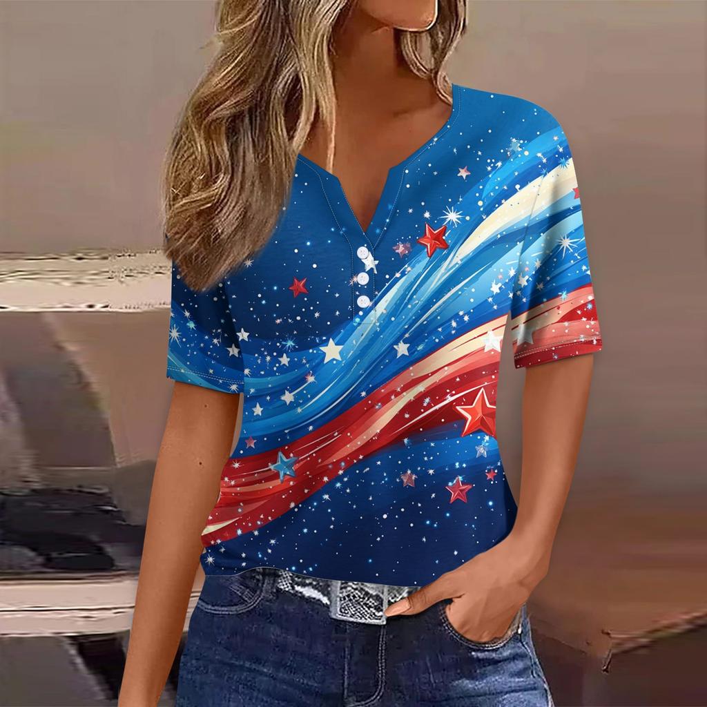 Women's T Shirt Tee Print Button Short Sleeve Daily Weekend Fashion Basic V- Neck Regular Top