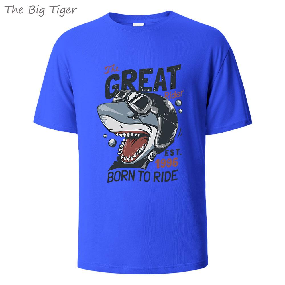 Great Shark Printing Mens Basic Cotton Tee Simple Round Neck Comfortable Fit Lightweight Breathable Casual Wear Mens Tshirt