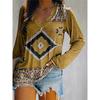 Women's Elegant V-neck Diamond Ethnic Print Long Sleeve T-shirt Soft Polyester Perfect for Autumn and Winter Casual Wear Tops