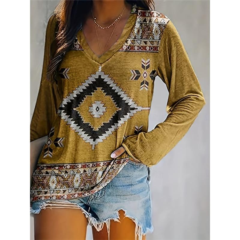 Women's Elegant V-neck Diamond Ethnic Print Long Sleeve T-shirt Soft Polyester Perfect for Autumn and Winter Casual Wear Tops
