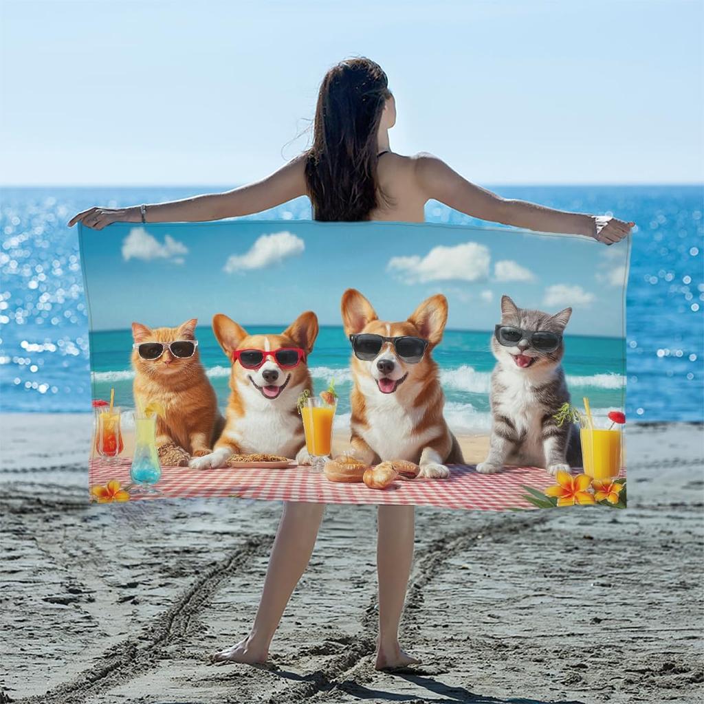 Cats Corgis Dogs Beach Sunglasses Beach Towel, Cute Pets Oversized Quick Dry, Sand Free Lightweight Travel Pool Mat