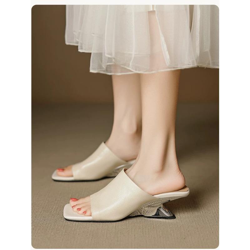 Fashion Handmade Soft Leather One-word Slippers Women's Outer Square Toe Summer New Fashion Retro Temperament Sandals