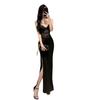Women's Black Lace Patchwork Spaghetti Strap Sexy Bodycon Slit Evening Dress with Breast Pads