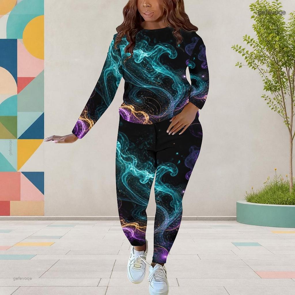 Women Plus Size Tie Dye Printed Round Neck Long Sleeve Top Fitted Pants Two Piece Set