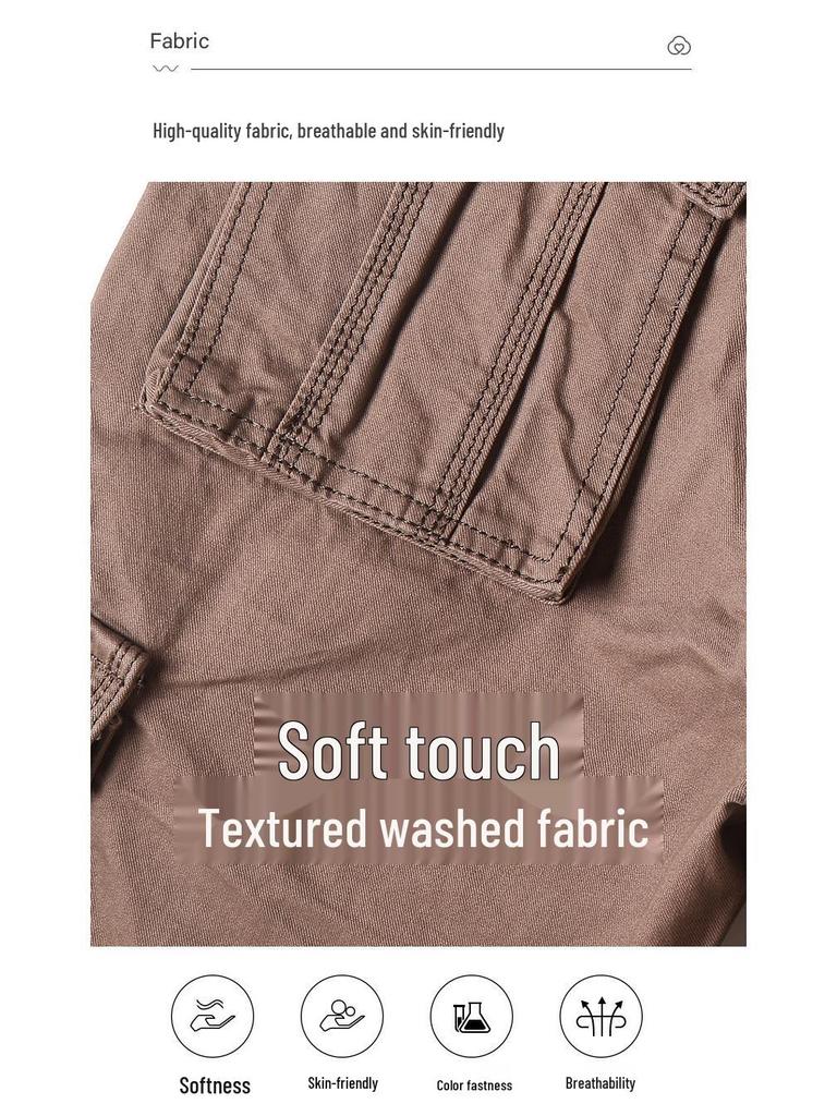 Men's Summer Cotton Workwear Cargo Shorts - Washed, Casual, Multi-Pocket, Straight Leg Bermuda.