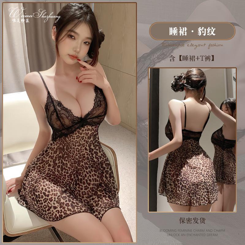 Bellissimo filato nuovo sexy stampa leopardo sesso prospettiva tentazione bretella camicia da notte scollatura profonda pizzo sesso camicia da notte donna