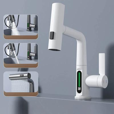 Robinet cu afișaj digital cu ridicare și ridicare pentru baie Robinet cu temperatură inteligentă pentru baie Robinet rotativ 360 5 pulverizatoare Baterie pentru chiuvetă cu economie de apă caldă rece