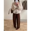 Women's Faux Fur Cropped Jacket Fashion Metal Buckle Decor Warm Plush Short Coat