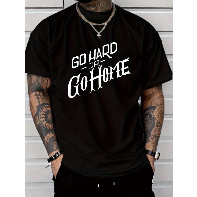 

European Size Men s Go Hard Go Home Motivational Letter Print T-Shirt - Black with White Bold Text, Regular Fit Round Neck Casual Gym &Casual Attire 4XL чорний