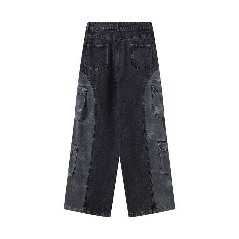 Unisex Streetwear Wide Leg Jeans Vintage Black Grey Patchwork Denim Pants Relaxed Fit Fall
