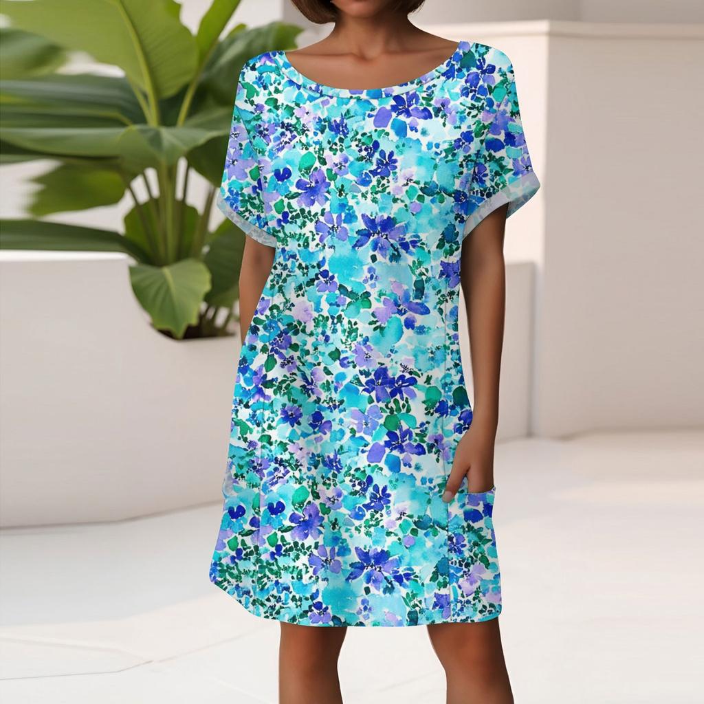 Damenmode Kurzarmkleid mit Taschen Blumendruck Lässiges Strandkleid