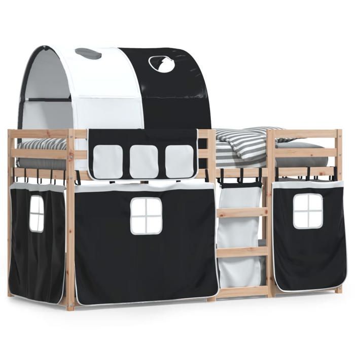 VidaXL Lit superposé avec rideaux blanc/noir 80x200 cm bois pin massif, lit, cadre de lit, lit superposé bas, meuble de 3283988