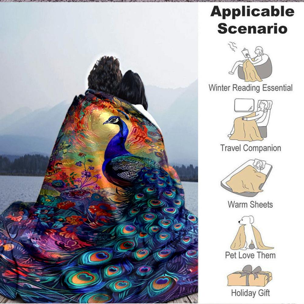 1pc Peacock Feather Print Blanket Lightweight Flannel Blanket Throw Blanket For Sofa, Bed, Travel, Camping, Livingroom, Office, Couch, Chair, And Bed