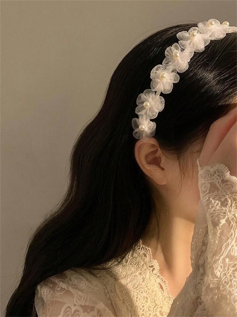 1 Women's Summer New Solid Color Soft Sweet Flower Headband White Pearl Headband Sen Tie Headband Hair Accessory Headpiece