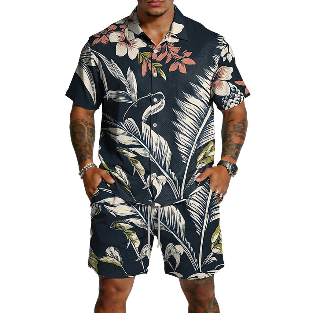 Men's Casual Printed Lightweight Breathable Shirt and Drawstring Shorts Set