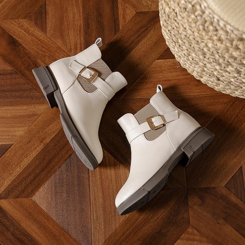 Autumn Winter Warm Thick Sole Anti-slip Lady Buckle Round Toe Solid Leather Boots Fashion Elegant Short Cotton Boots