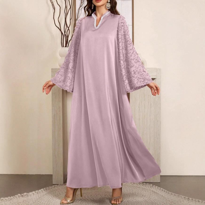 

Lavender Pearl Decorated V-Neck Bell Sleeve Lace Detail Long Dress S