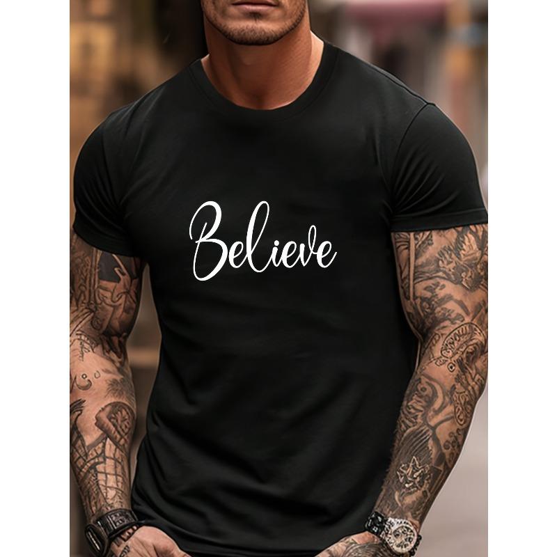 European sizes Letters Print Tops Men's T-shirt, Summer Trendy Casual Short Sleeve Tees, Outdoor Sports Clothing, Big & Tall Guys, Leisurewear