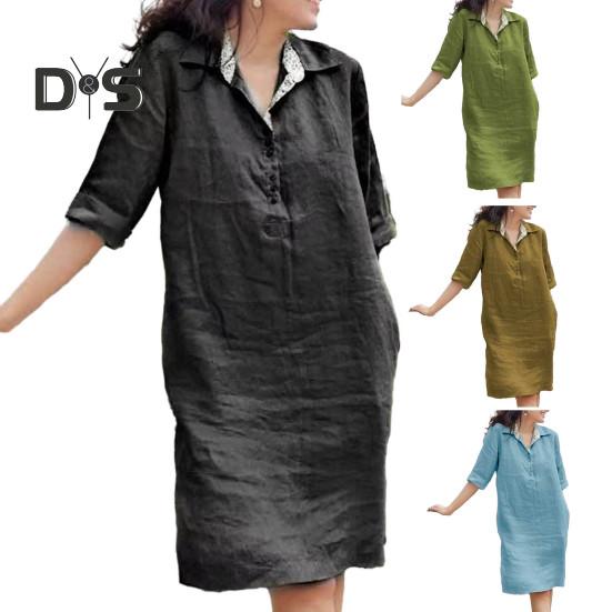 Women Dress Loose Three Quarter Sleeves Solid Color Lapel Knee Length Soft A Line Casual Spring Summer Midi Dress