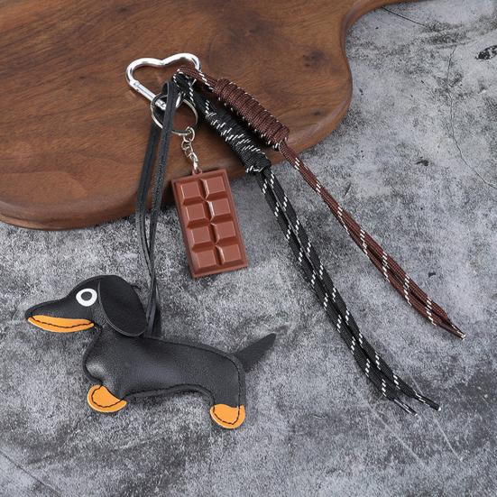 Dachshund Keychain Pendant Faux Leather Pendant, Cartoon Dog Hanging Decor with Braided Rope, Handbag Decorative Accessories Metal Carabiner Charm