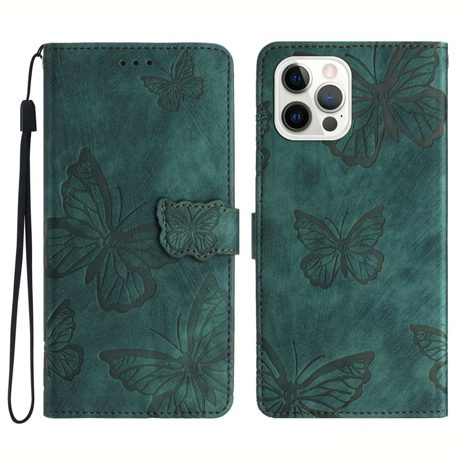 

For iPhone 13 Pro 6.1 inch PU Leather Butterfly Imprinted Stand Wallet Case Skin-touch Phone Cover Green