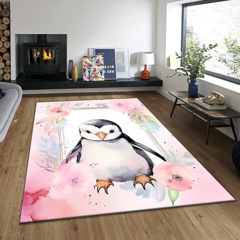 Crystal Velvet Penguin Printed Area Rug Carpet for Bedroom Living Room Home Decor Rugs Mat Non Slip Mat Rug for Bedside