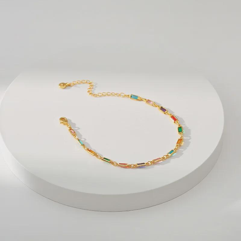 Handmade 18K Gold-Plated Copper Bracelet with Colored Glass and Diamonds