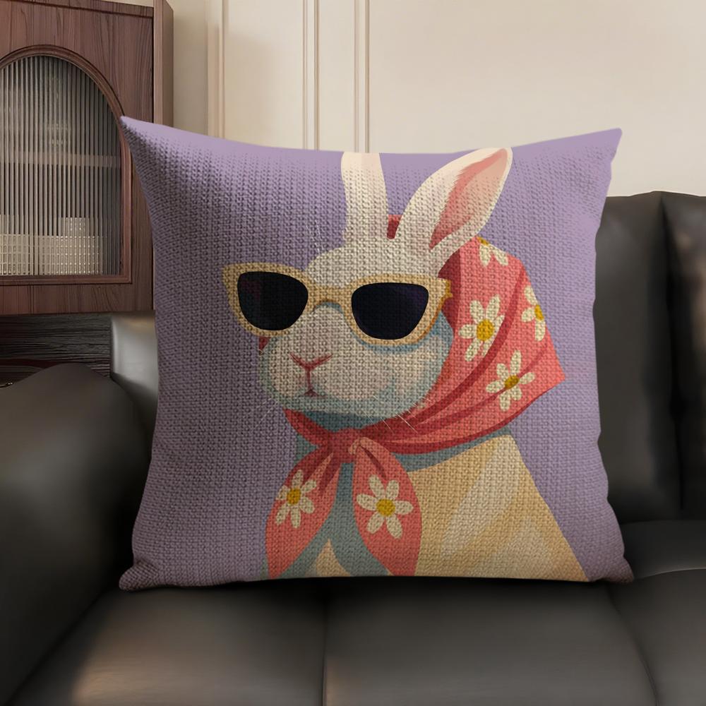 Cute Rabbit Art Cushion Cover Summer Breathable Linen Organic Fabric Double-Sided Printing Sofa Pillow Case Home Decor