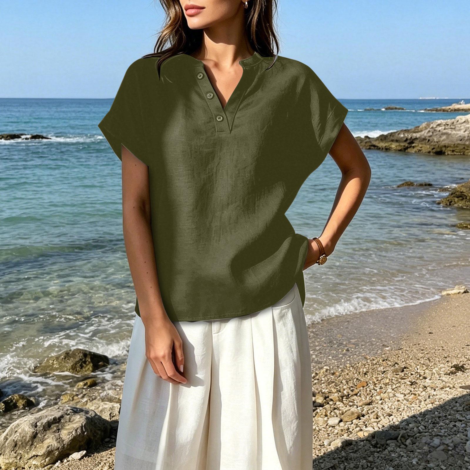 Women s V-Neck Button Down Short Sleeve Blouse - Casual Color Shirt L