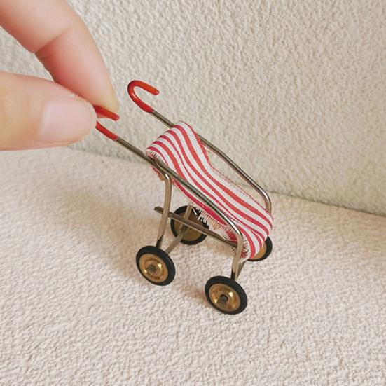 Mini Stroller Doll Accessories Metal Frame Fabric Seat Realistic Stroller Miniature Collectible Tiny Trolley for Doll Mansion Decoration Photo Prop