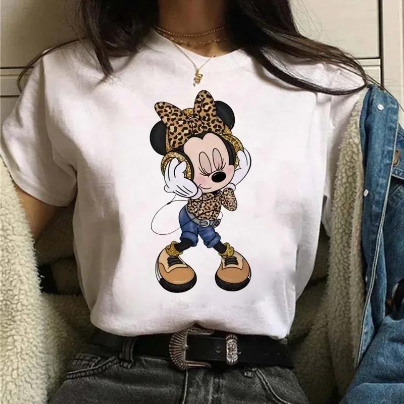 Cute T-Shirt Cartoon Tees Mickey Mouse Leopard Print Minnie Print White Short Sleeves Round Neck Tops Y2k Unisex