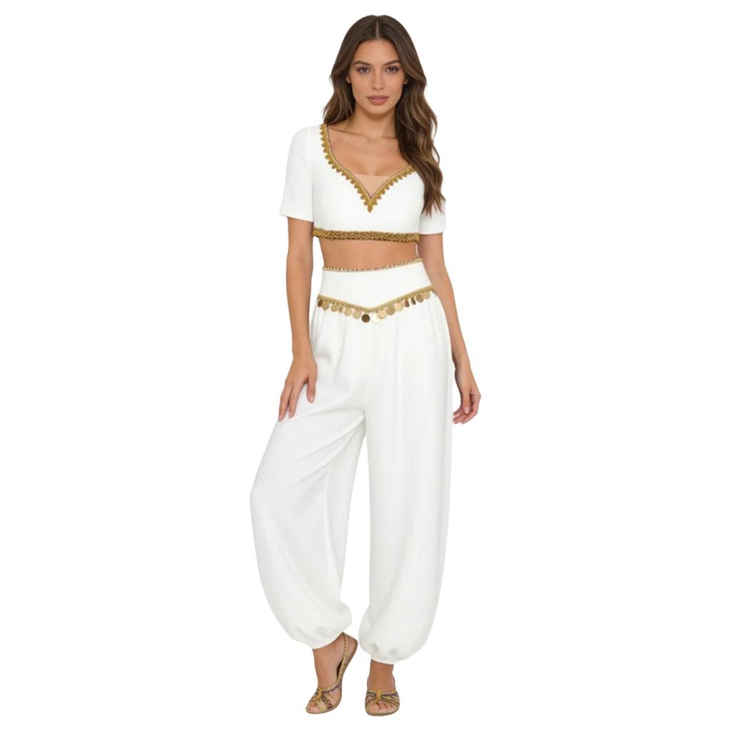 S-XXL Womens Belly Dance Outfit V Neck Short Sleeve Gold Trim Crop Top and Sequin Tassel Long Pants 2-piece Set for India Dance Folk Dance