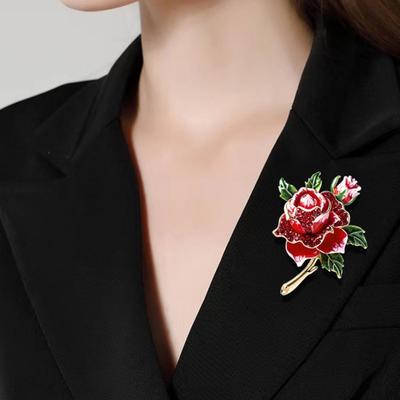 Red Rose Flower Brooch Pin for Women Girls Enamel Rhinestone Floral Brooch