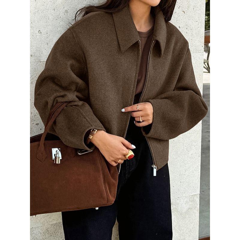 2024 Fall Winter Fashion Women's Outwear Lapel Long Sleeve Top Zipper Brown Women's Clothing Pure Color Thick Street