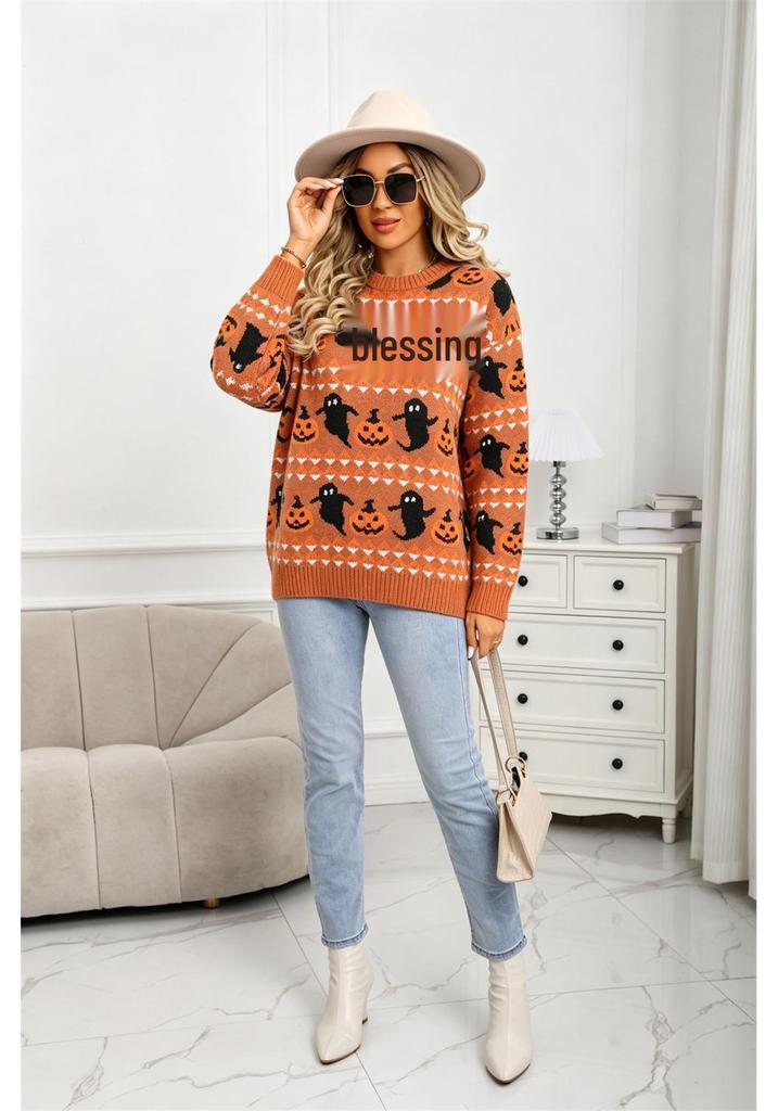 European & American Women's Halloween Ghost Pumpkin Knit Pullover Top