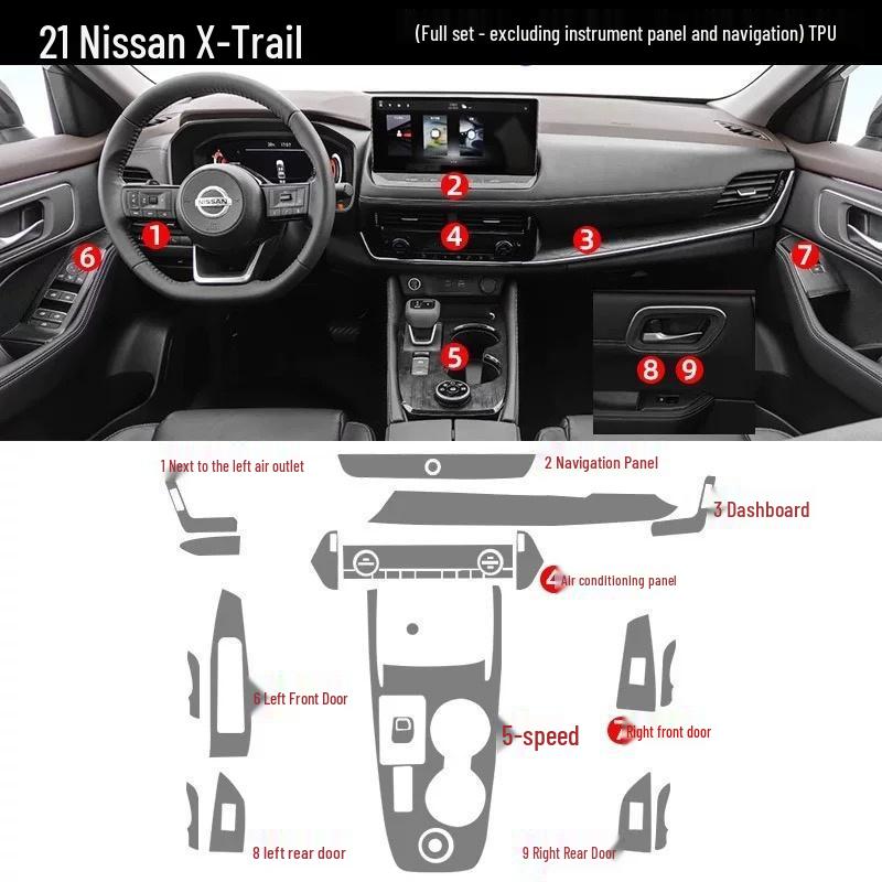 Nissan X-Trail Interior & Exterior Protective Film Set - Navigation, Console, Gear Shift, Screen, B-Pillar, Headlight (TPU)