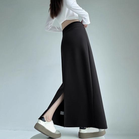Women Sport Skirt High Waisted Adjustable Drawstring Long Skirt with Hem Slit Pure Color Slimming Design Casual Athletic Skirt
