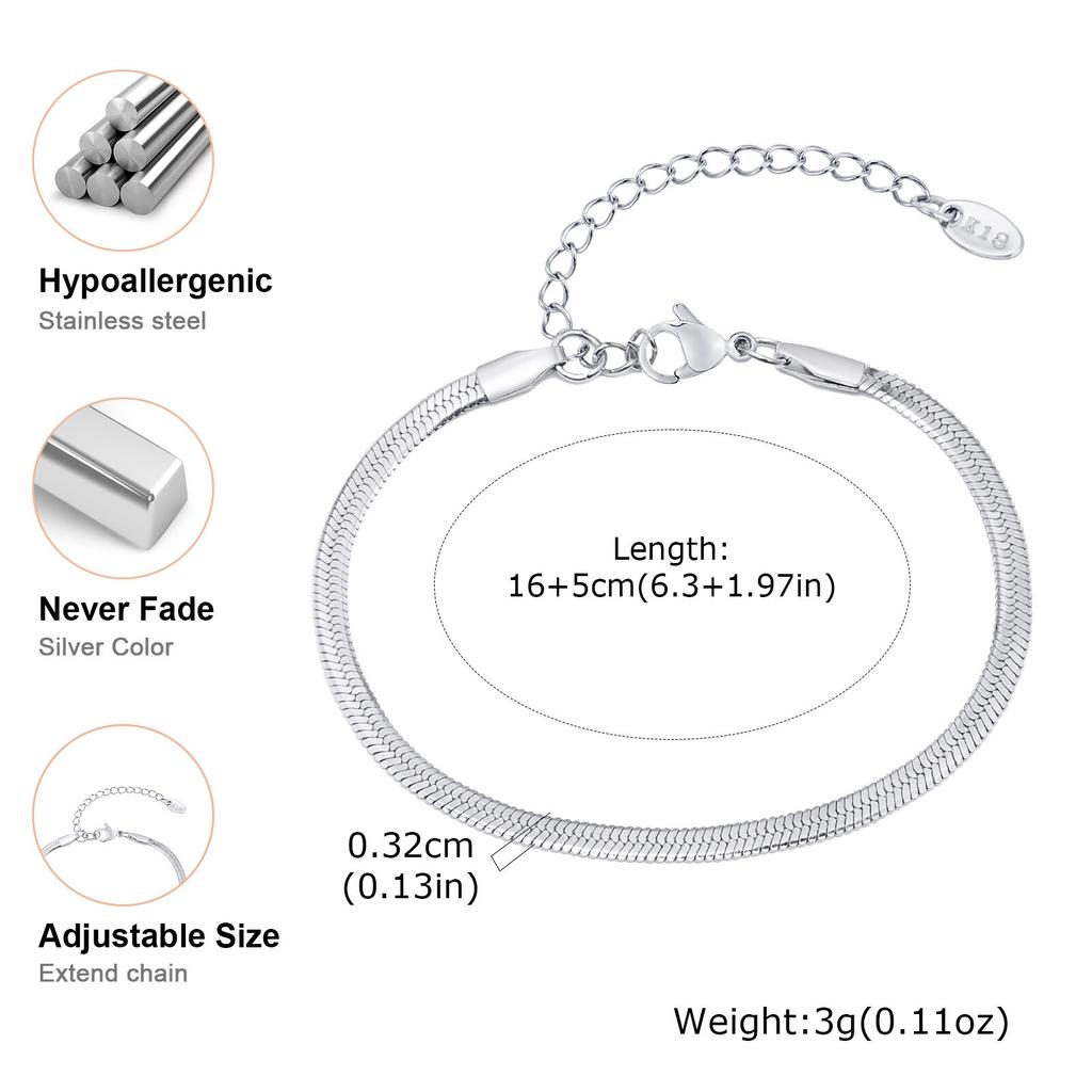 Anlaufgeschütztes Edelstahl Silberfarben Fischgräten Flaches Schlangenketten Armband für Damen Minimalistischer Schmuck