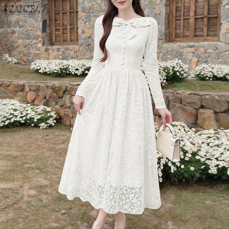 ZANZEA Women Round Neck Long Sleeve Elegant Lace Dress