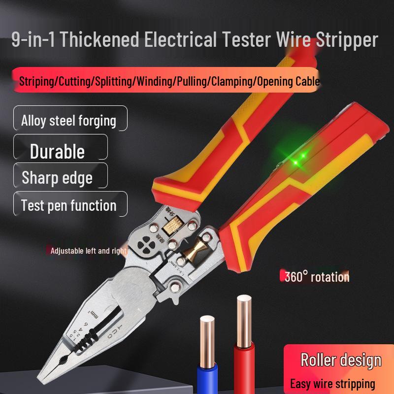 Enhanced 9-in-1 Multi-Function Electrician Pliers: Wire Stripper, Cutter, Puller, Crimper with Voltage Tester