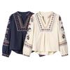 Z Cross-Border French V-Neck Embroidered Long-Sleeve Ethnic Top for Spring/Summer
