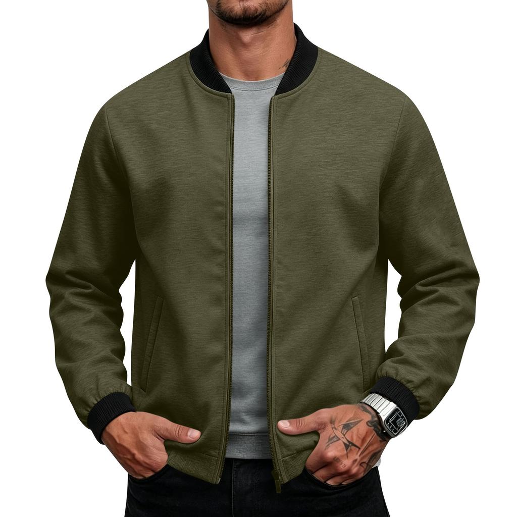 Men's Color Zip Up Baseball Jacket with Stand Collar