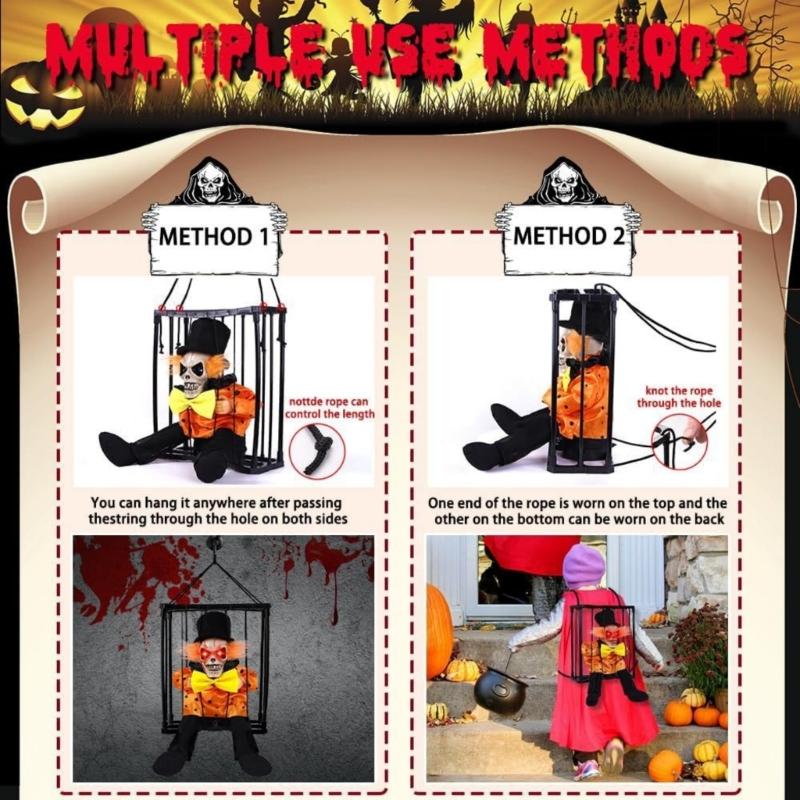 Halloween Animiertes Bewegliches Geisterhaftes In Käfig Hängendes Ornament Mit Rot Glühendem Auge Automatischer Soundeffekt Für Haus Hof Dekoration